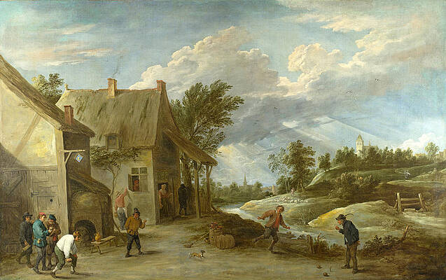 Peasants playing Bowls outside a Village Inn Print by David Teniers the Younger