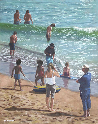 Wall Art - Painting - people on Bournemouth beach pulling dinghies by Martin Davey