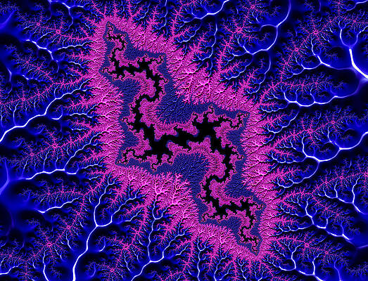 Wall Art - Digital Art - Pink fractal lightning flashes dark blue background by Matthias Hauser