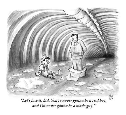 Wall Art - Drawing - Pinnochio And A Man Tied With Rope Commiserate by Paul Noth
