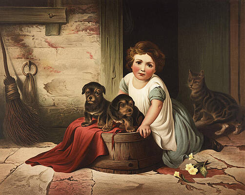 YOUNG BOY OR GIRL W PUPPY DOG PAINTING CHILD CHILDREN KIDS ART REAL CANVAS PRINT 
