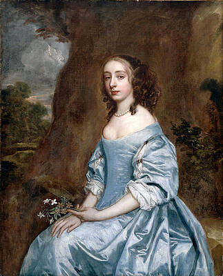 Portrait of a Lady in Blue holding a Flower Print by Peter Lely