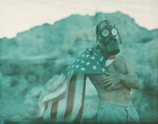 Wall Art - Photograph - Portrait Of Man Wearing Gas Mask by Michael Okimoto