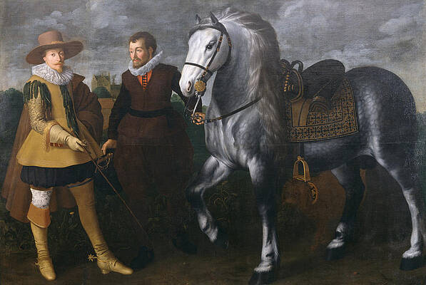 Prince Maurits with His Horse and Groom Print by Adriaen van Nieulandt the Younger