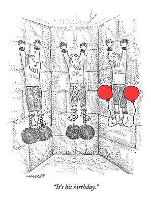 Wall Art - Drawing - Prisoner In Dungeon Has Orange Balloons Attached by Robert Mankoff