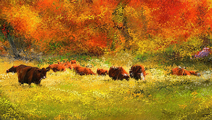 Wall Art - Painting - Red Devon Cattle In Autumn -Cattle Grazing by Lourry Legarde
