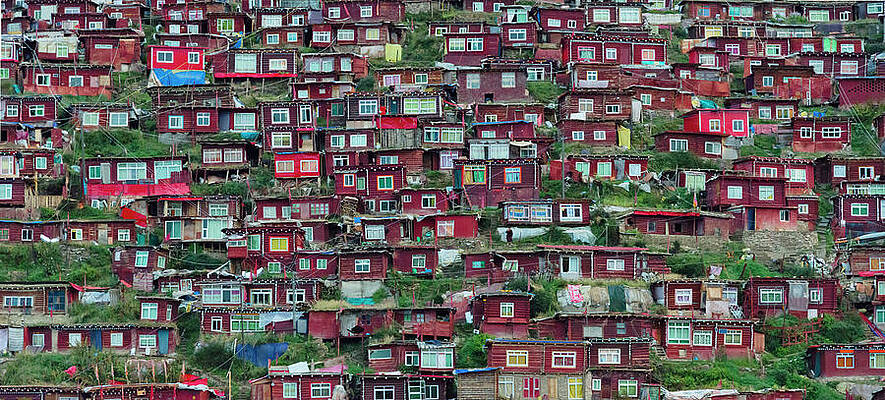 Wall Art - Photograph - Red Log Cabins, Seda Larung Wuming by Keren Su