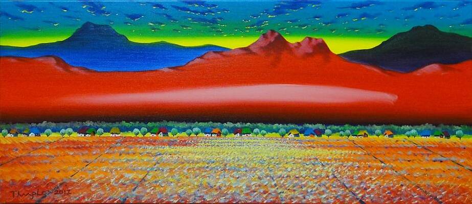 Red mountain with golden fields by Tang Hong Lee