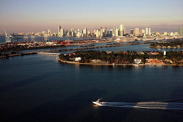 Wall Art - Photograph - Retro Style Miami Skyline Sunrise and Biscayne Bay by Gary Dean Mercer Clark