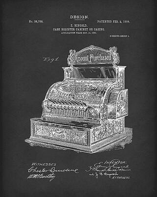 Wall Art - Drawing - Ringold Cash Register 1904 Patent Art Black by Prior Art Design