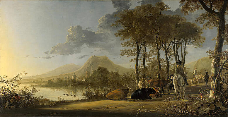 River Landscape with Horseman and Peasants Print by Aelbert Cuyp