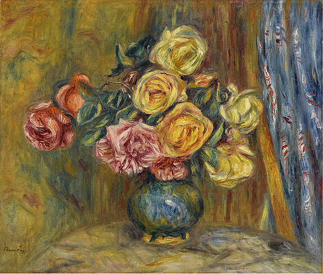 Roses with Blue Curtain Print by Pierre-Auguste Renoir