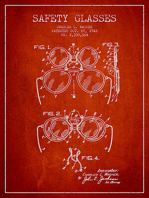 Wall Art - Digital Art - Safety Glasses Patent from 1942 - Red by Aged Pixel