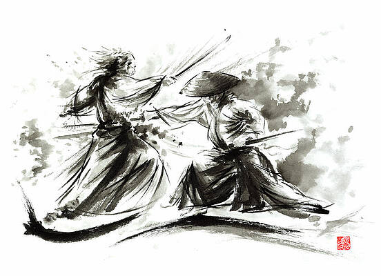 Doppelganger33 LTD Painting Drawing Samurai Combat Fight Rising Sun Japan Art Large Art Print Poster Wall Decor 18x24 inch 