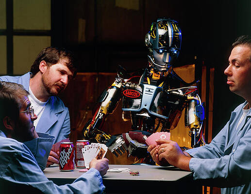 Wall Art - Photograph - Sarcos Android Robot Plays Cards With Engineers by Science Photo Library