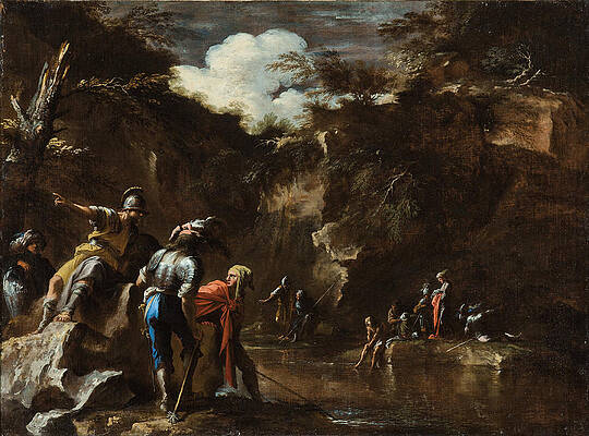 Scene from Greek history. Thales causing the river to flow on both sides of the Lydian army Print by Salvator Rosa