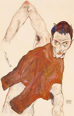 Wall Art - Painting - Self portrait in a jerkin with right elbow raised by Egon Schiele