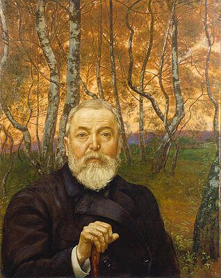 Self-portrait in front of a birch forest Print by Hans Thoma
