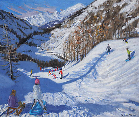 Wall Art - Painting - Shadow of a fir tree and skiers at Tignes by Andrew Macara