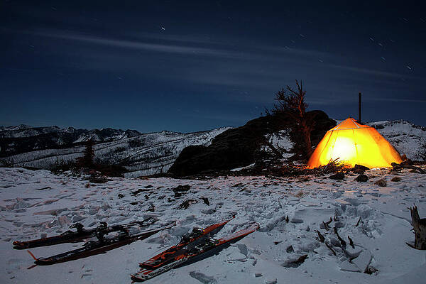 Wall Art - Photograph - Skis Sit In Front Of A Glowing Tent by Robin Carleton