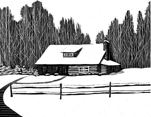 Wall Art - Drawing - Snowy Cabin in the Woods by Jim Harris