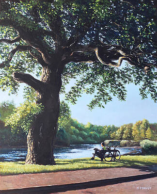 Wall Art - Painting - Southampton Riverside park oak tree with cyclist by Martin Davey