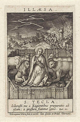 Wall Art - Drawing - St. Thecla Of Iconium Surrounded By A Lion by Hieronymus Wierix