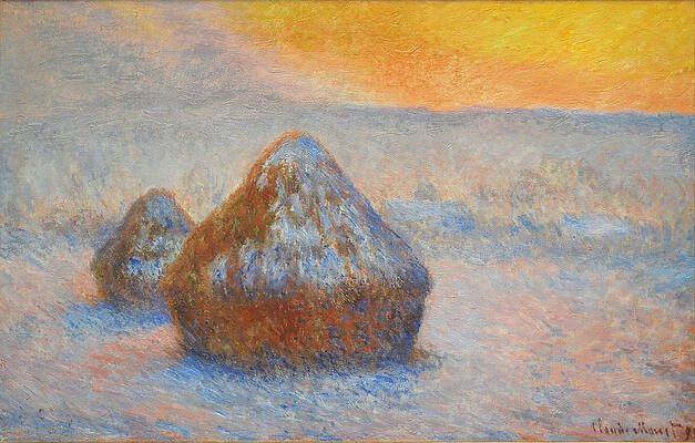 Stacks of Wheat. Sunset. Snow Effect Print by Claude Monet