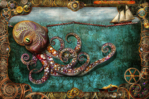 Wall Art - Digital Art - Steampunk - The tale of the Kraken by Mike Savad