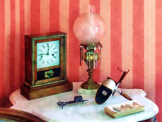 Wall Art - Photograph - Stereopticon Lamp and Clock by Susan Savad