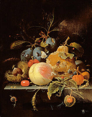 Wall Art - Painting - Still Life Of Fruit And Nuts On A Stone by Abraham Mignon