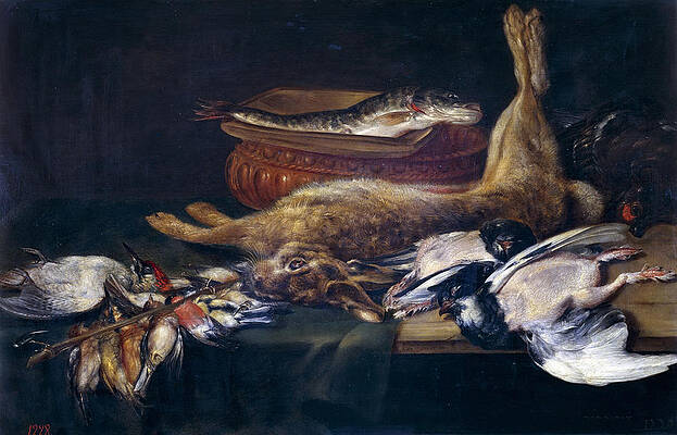 Still life with a hare fish and birds Print by Alexander Adriaenssen