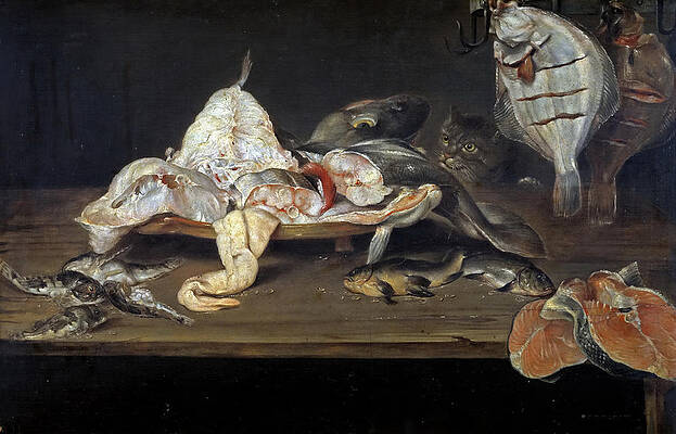 Still Life with Fish and a Cat Print by Alexander Adriaenssen