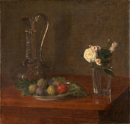 Still Life with Glass Jug Fruit and Flowers Print by Henri Fantin-Latour