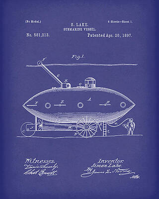 Submarine by Lake 1897 Patent Art Blue by Prior Art Design Submarine by Lake 1897 Patent Art Blue by Prior Art Design