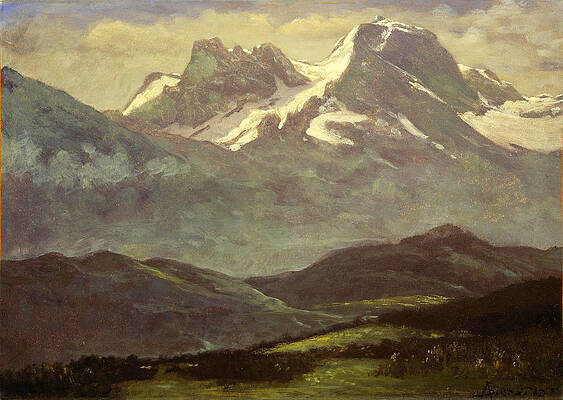 Summer Snow on the Peaks or Snow Capped Mountains Print by Albert Bierstadt