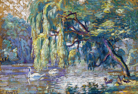 Swans Family . Forest of Boulogne Print by Henri-Edmond Cross
