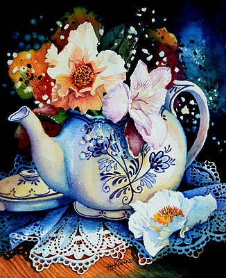 Wall Art - Painting - Teapot Posies And Lace by Hanne Lore Koehler