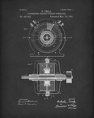 Tesla Generator 1891 Patent Art Black by Prior Art Design Tesla Generator 1891 Patent Art Black by Prior Art Design