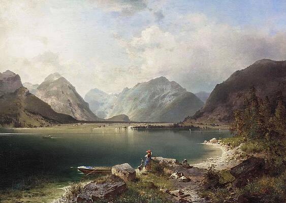 The Achen lake overlooking the district Scholasticka on the north shore Print by Franz Richard Unterberger