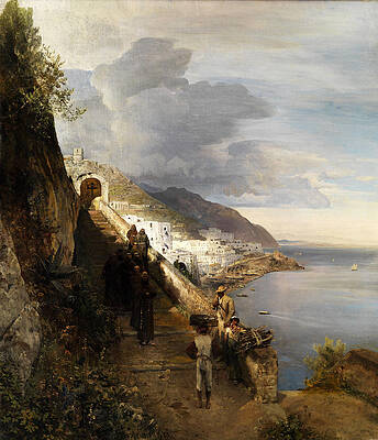 The Amalfi Coast with the stairs to the Capuchin Monastery Print by Oswald Achenbach