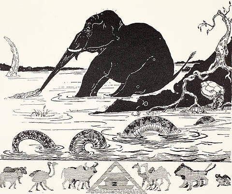 Wall Art - Drawing - The Elephant's Child having his nose pulled by the Crocodile by Joseph Rudyard Kipling