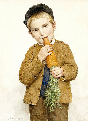The Little Boy With The Big Carrot Print by Albert Anker