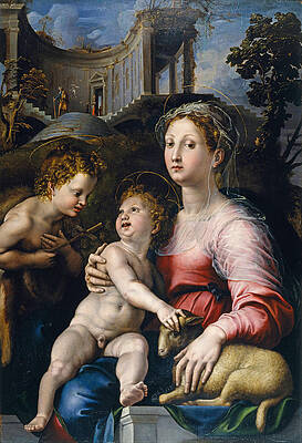 The Madonna and Child with Saint John the Baptist Print by Giulio Romano