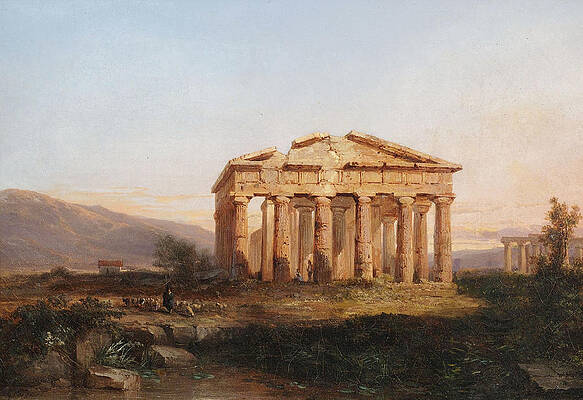 The temples of Paestum in the evening light Print by Jules Coignet