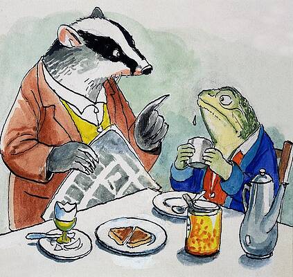 Wall Art - Painting - The Wind In The Willows Toad And Badger Having Breakfast by Philip Mendoza