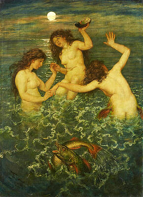 Three Mermaids Print by Hans Thoma
