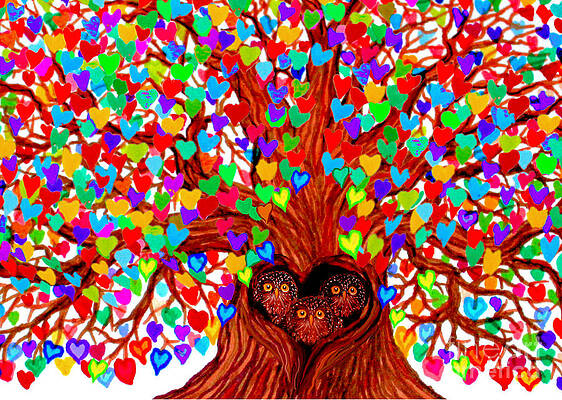 Wall Art - Drawing - Three Owlets in the Tree of Hearts by Nick Gustafson