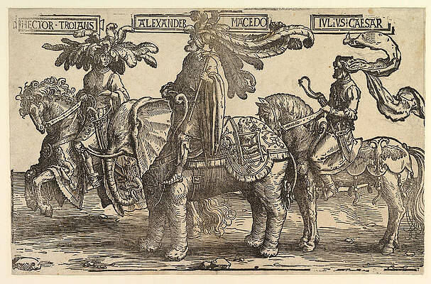 Wall Art - Drawing - Three Pagan Heroes Hector Alexander Julius Caesar by Lucas van Leyden