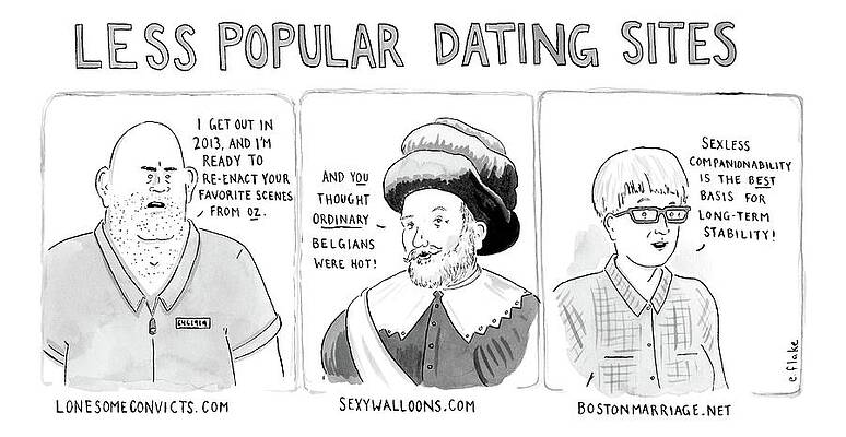 Wall Art - Drawing - Three Panel Cartoon Of Online Dating Profiles by Emily Flake